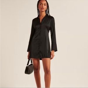 NWT Abercrombie & Fitch Long-Sleeve Satin Shirt Dress Black Mini Dress